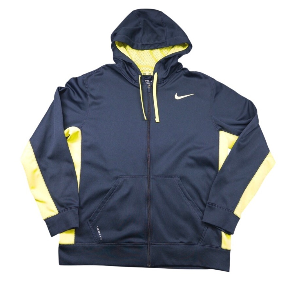 Nike Therma-Fit Full Zip Hoodie Mens Large Navy Blue Yellow Swoosh Active Jacket